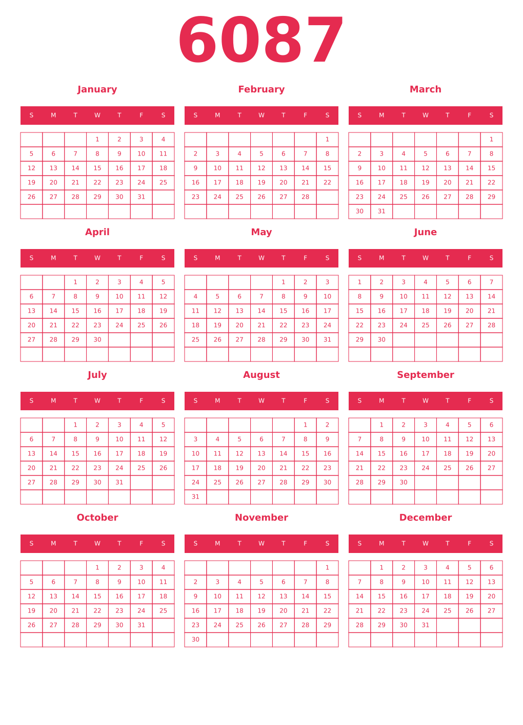 Printable 6087 Year Calendars amaranth