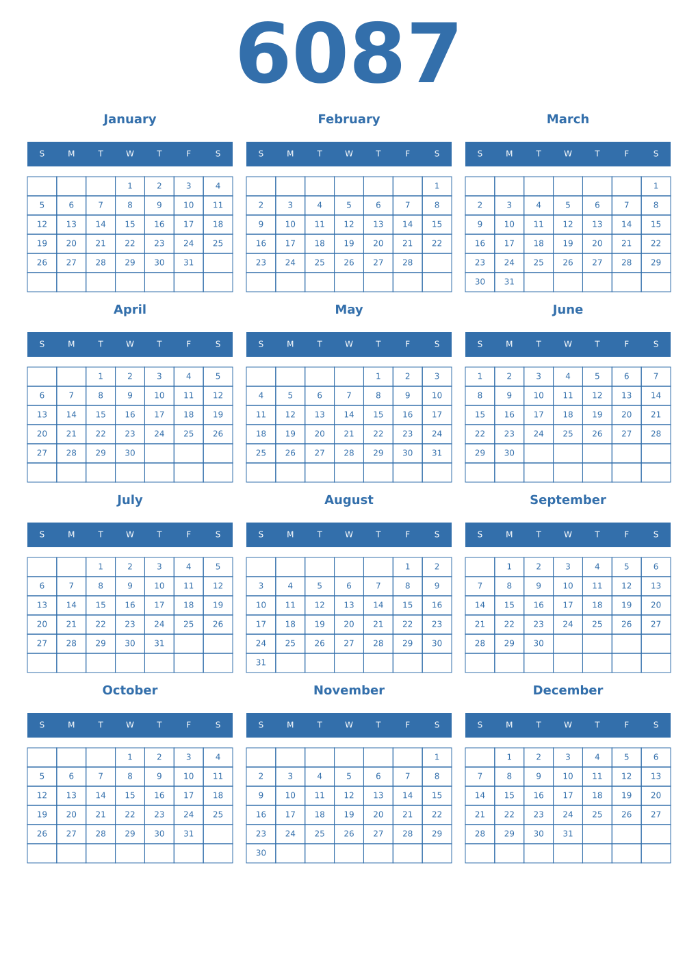 Printable 6087 Year Calendars blue