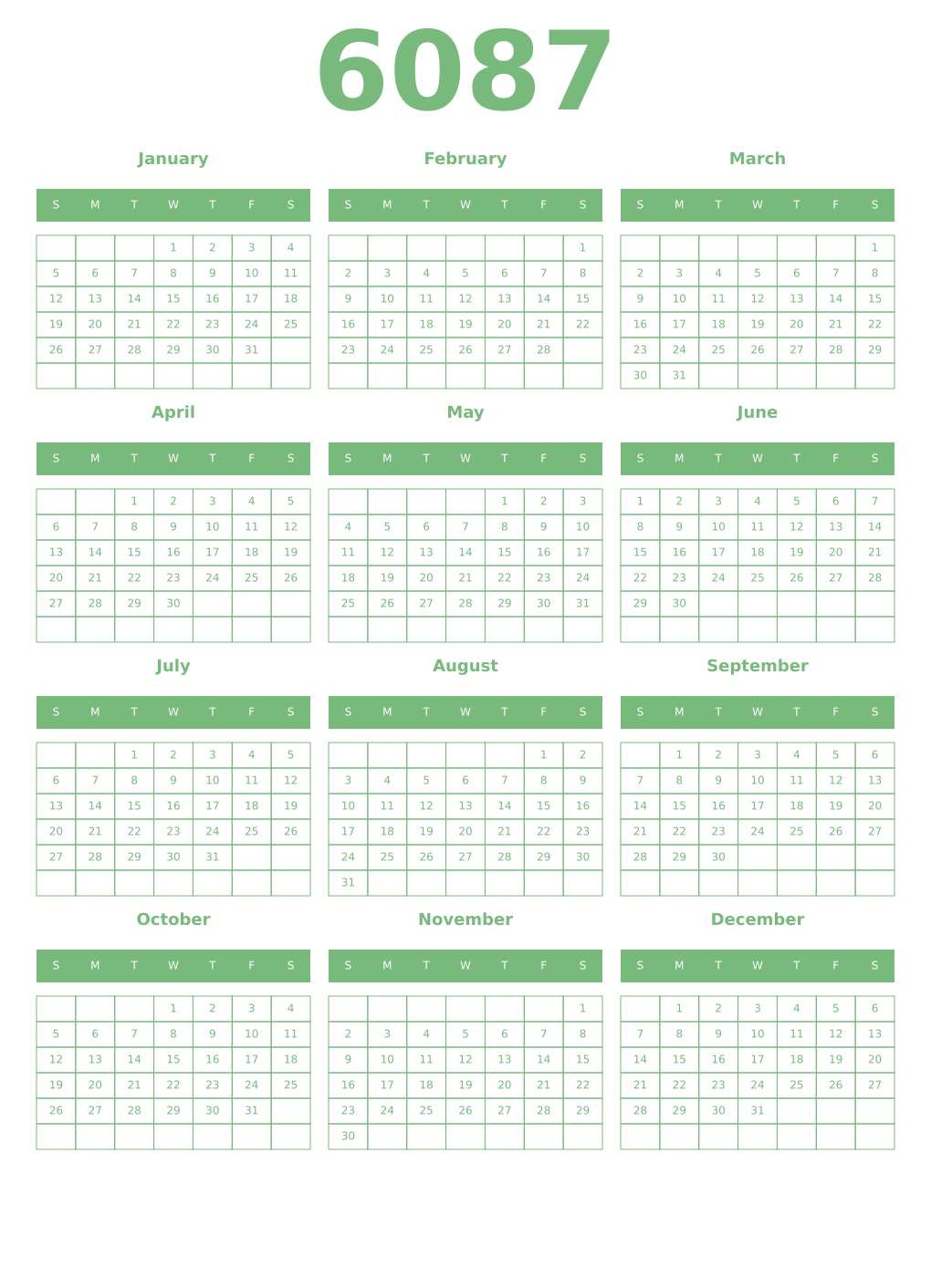 Printable 6087 Year Calendars celadon