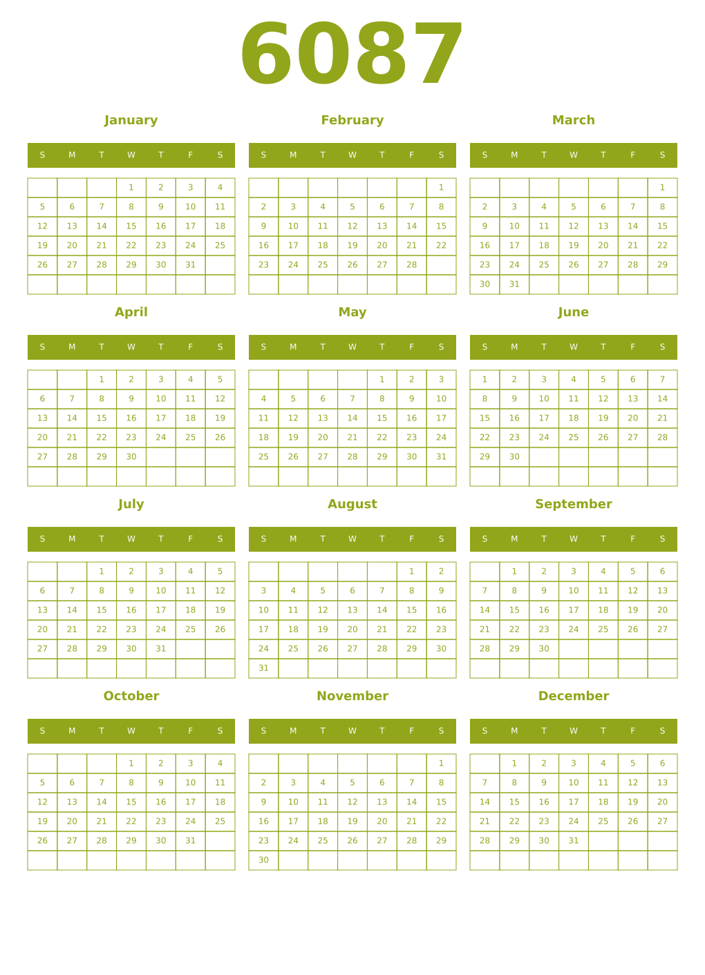 Printable 6087 Year Calendars chartreuse