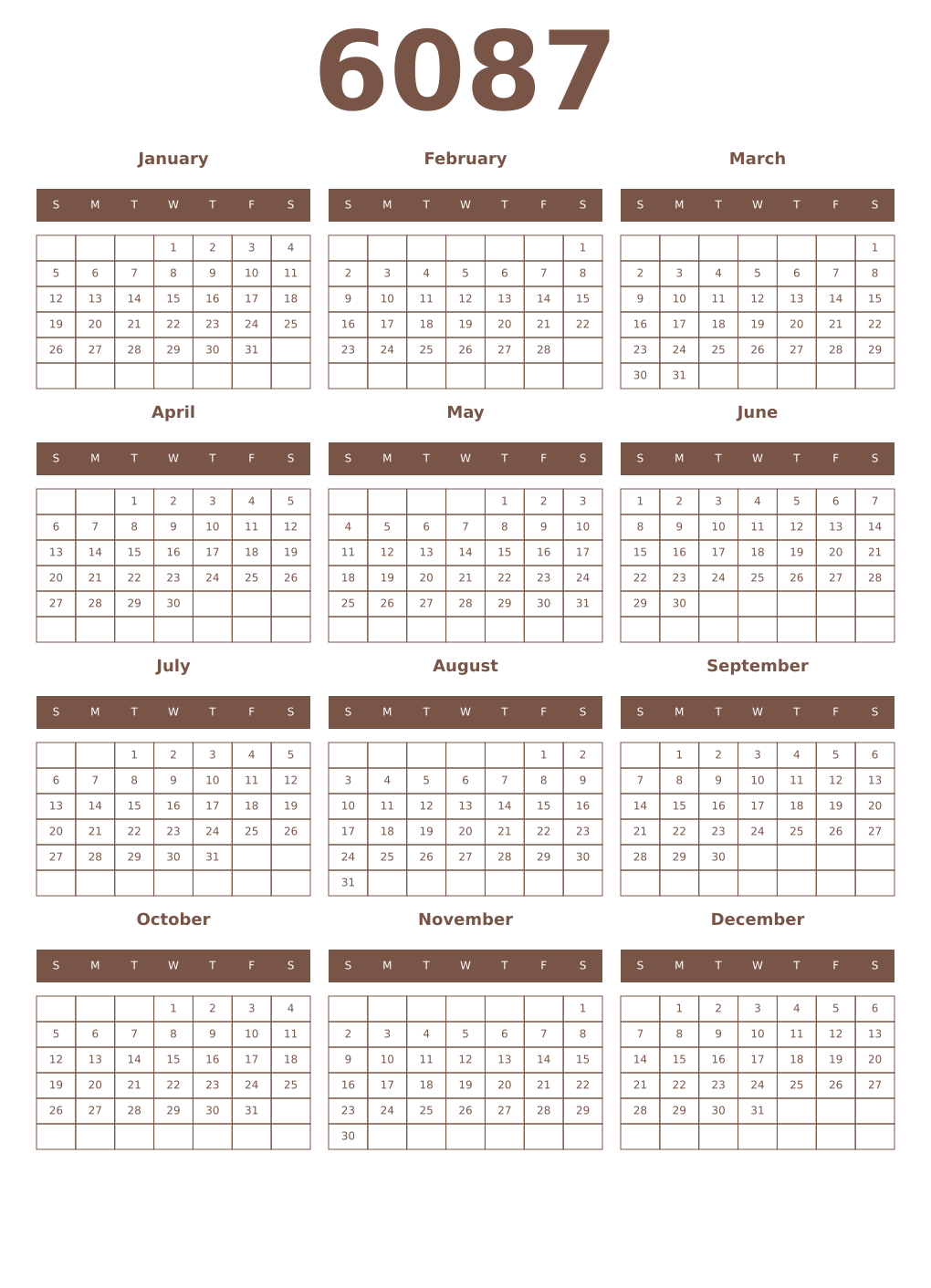 Printable 6087 Year Calendars coffe