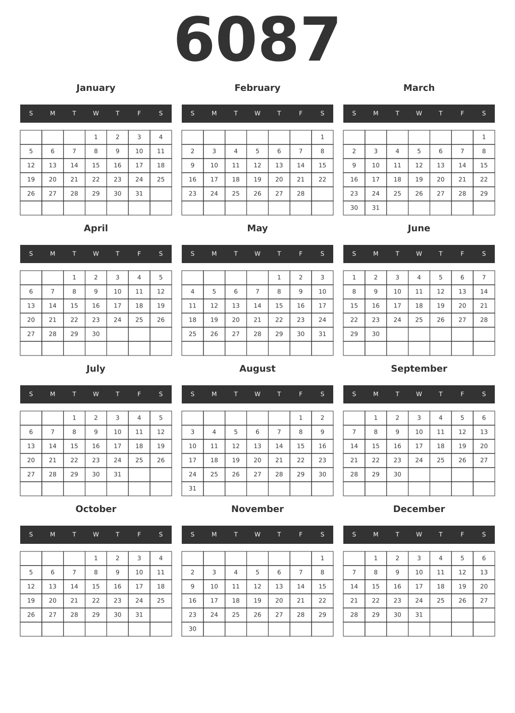 Printable 6087 Year Calendars dark
