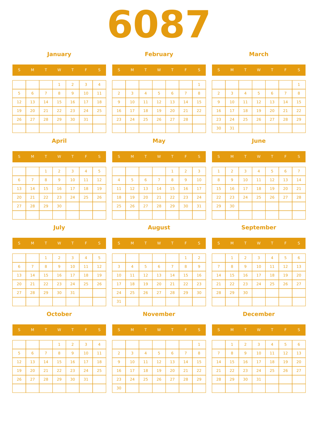 Printable 6087 Year Calendars gamboge