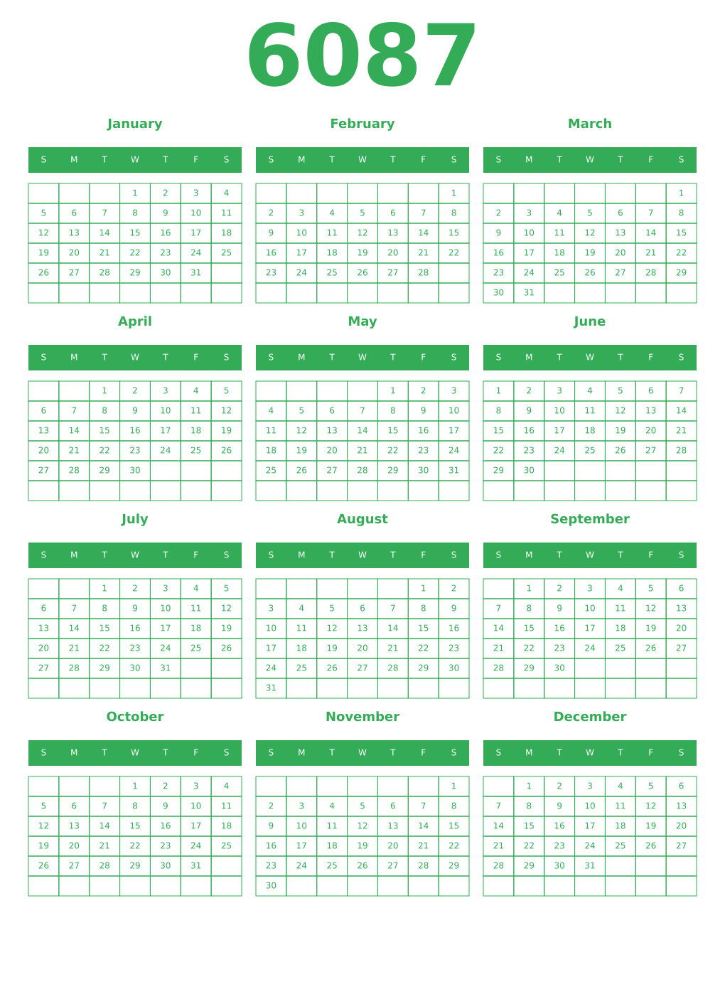 Printable 6087 Year Calendars green