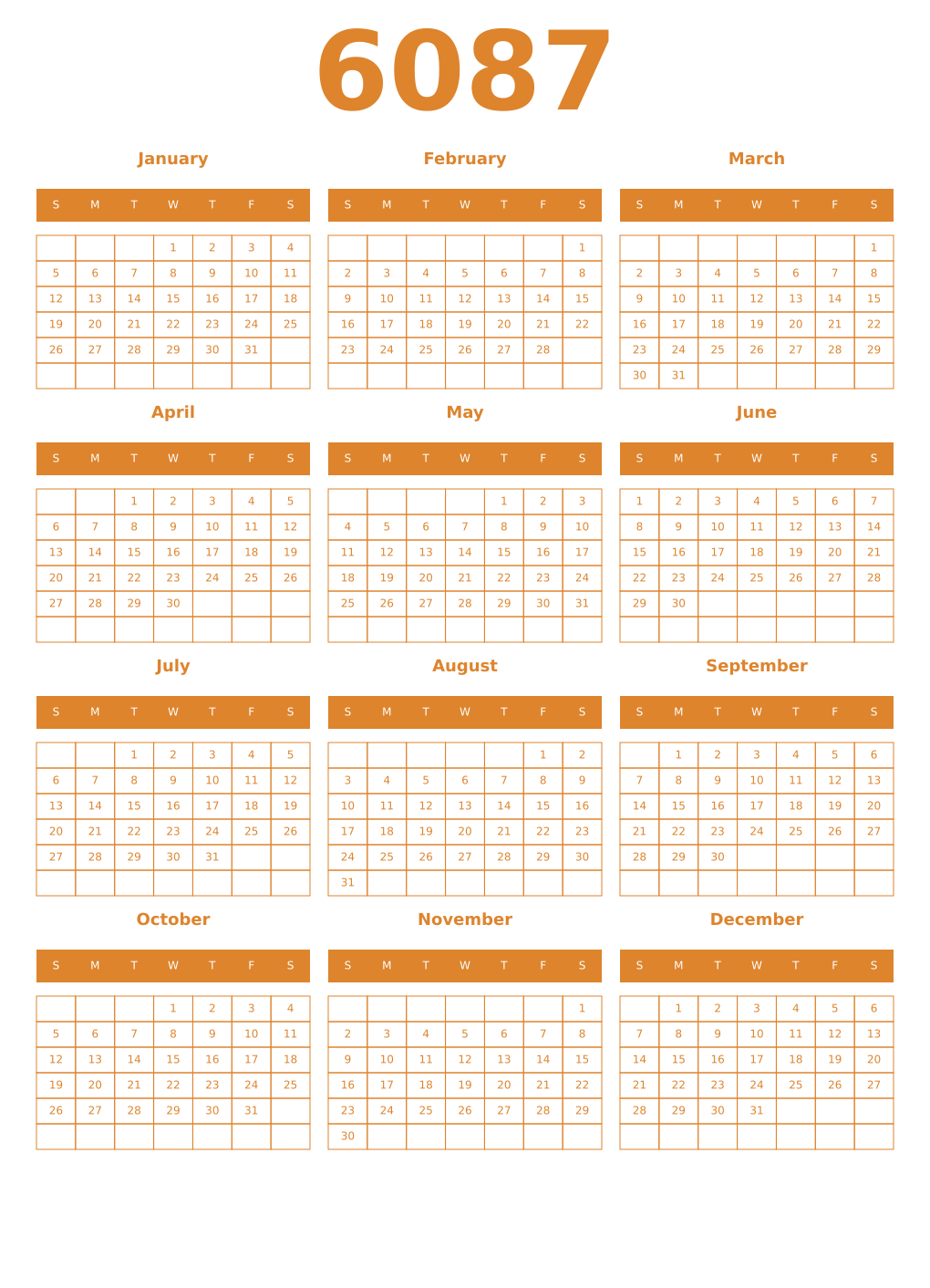 Printable 6087 Year Calendars orange