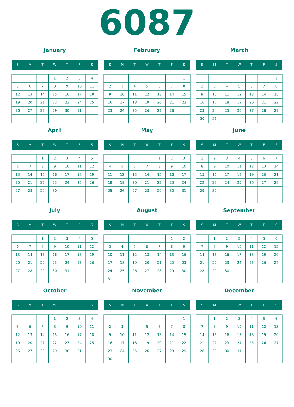 Printable 6087 Year Calendars pastel