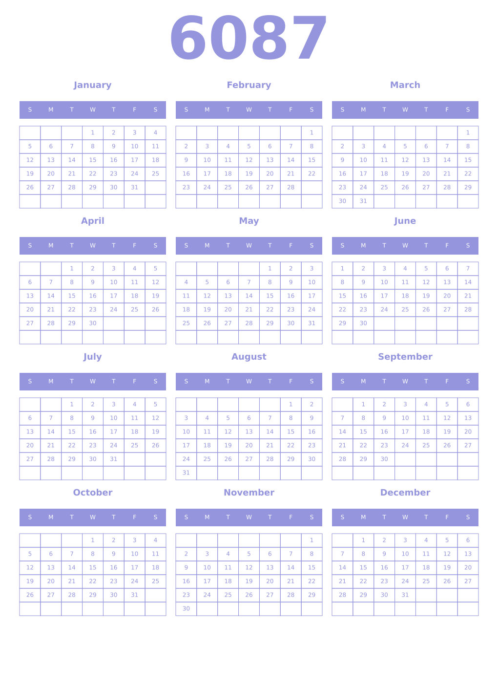 Printable 6087 Year Calendars periwinkle