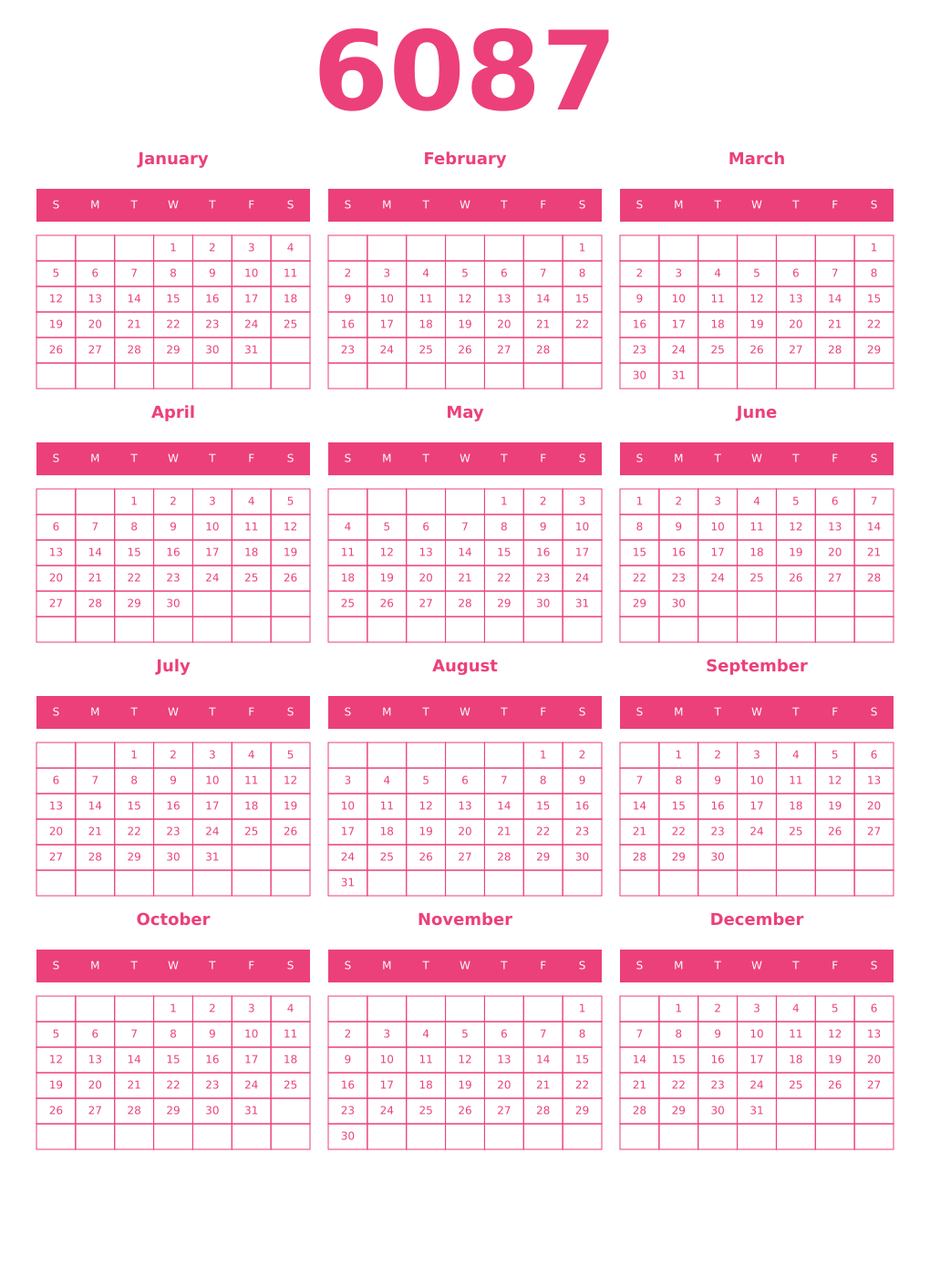 Printable 6087 Year Calendars pink