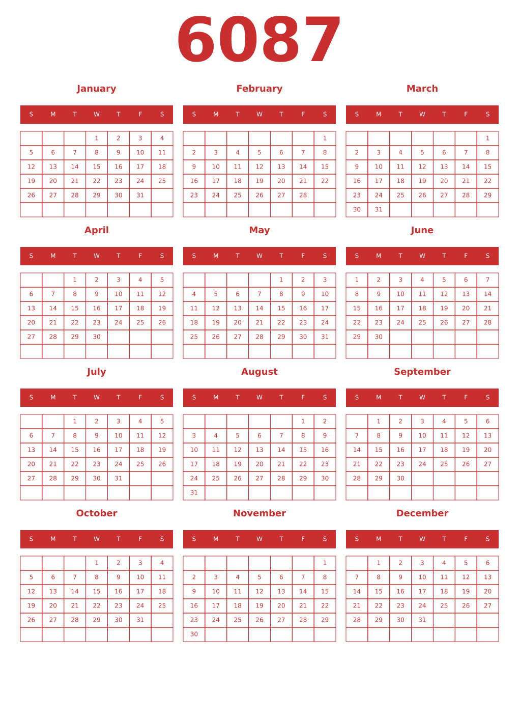 Printable 6087 Year Calendars red