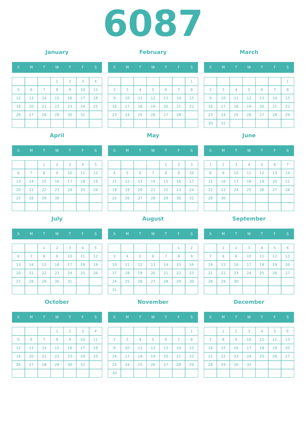 Printable 6087 Year Calendars verdigris
