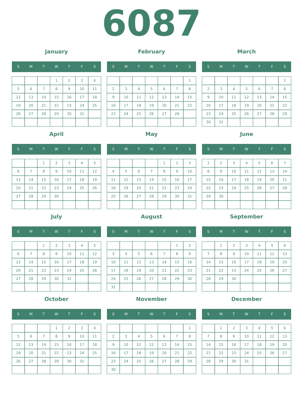 Printable 6087 Year Calendars viridian