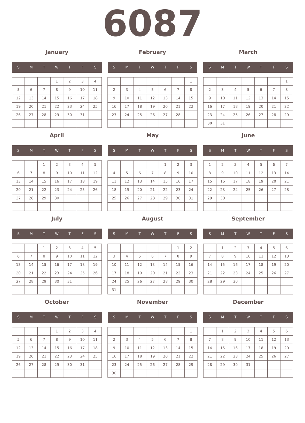 Printable 6087 Year Calendars wenge