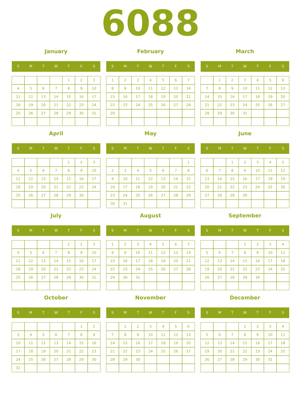 Printable 6088 Year Calendars chartreuse