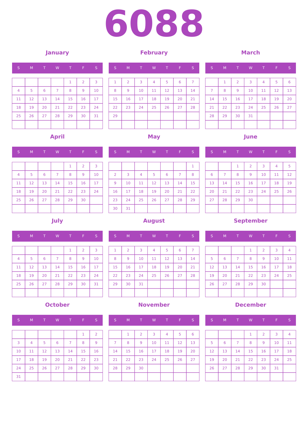 Printable 6088 Year Calendars purple