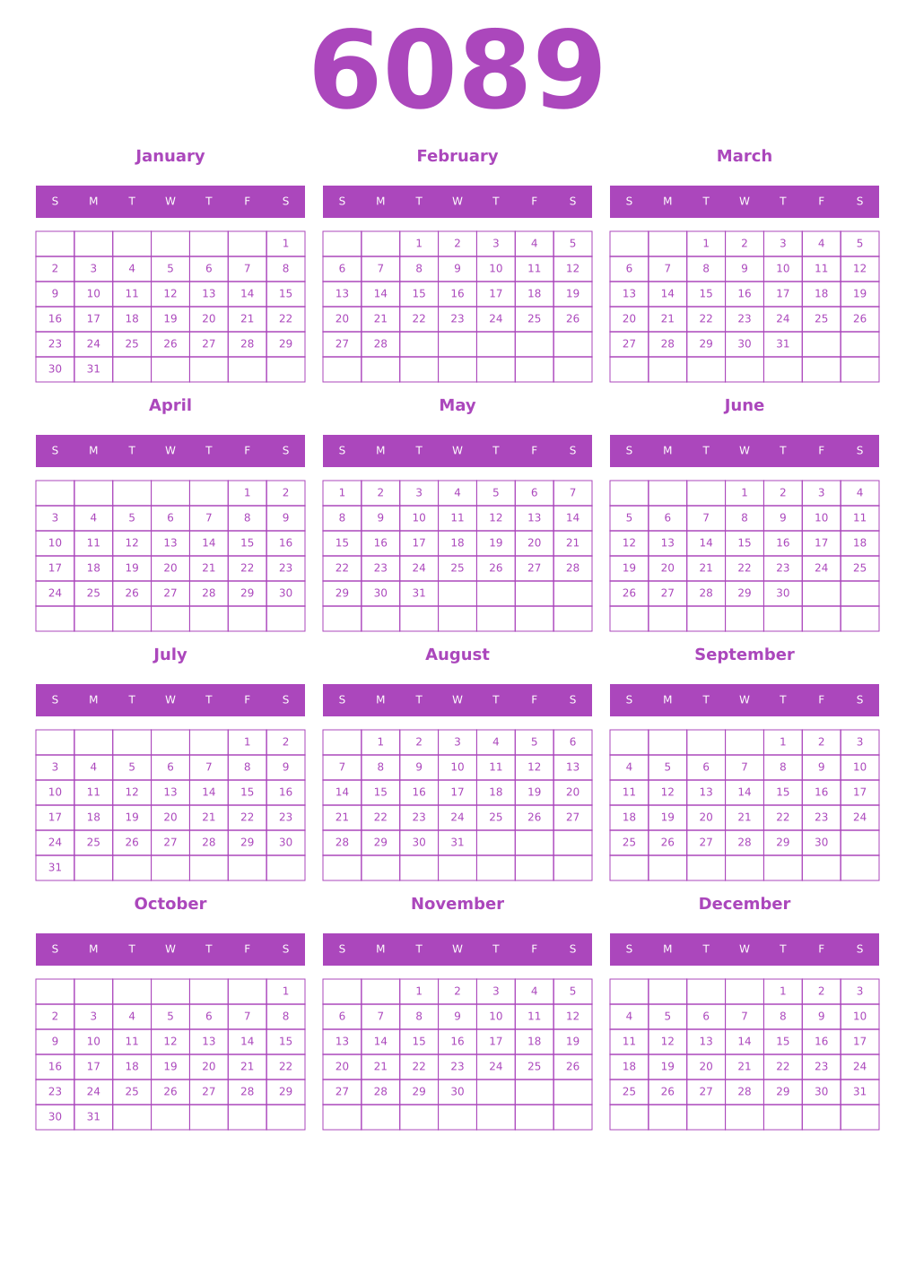 Printable 6089 Calendars