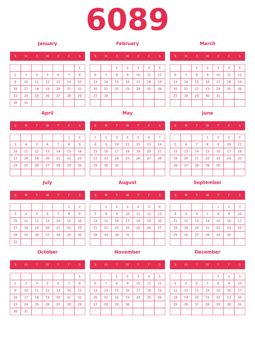 Printable 6089 Year Calendars amaranth