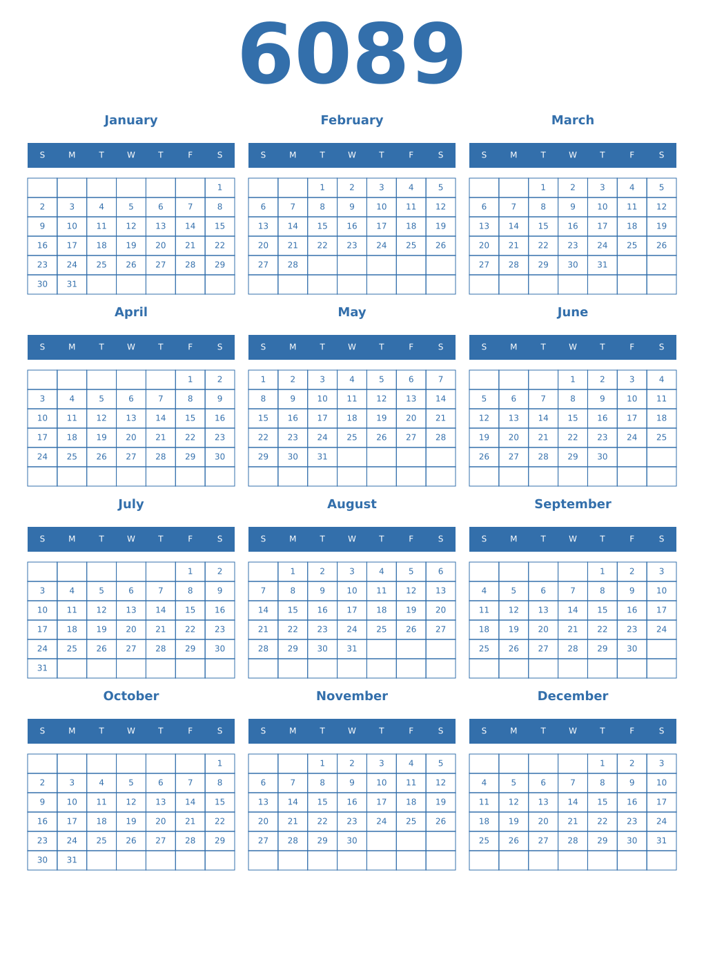 Printable 6089 Year Calendars blue