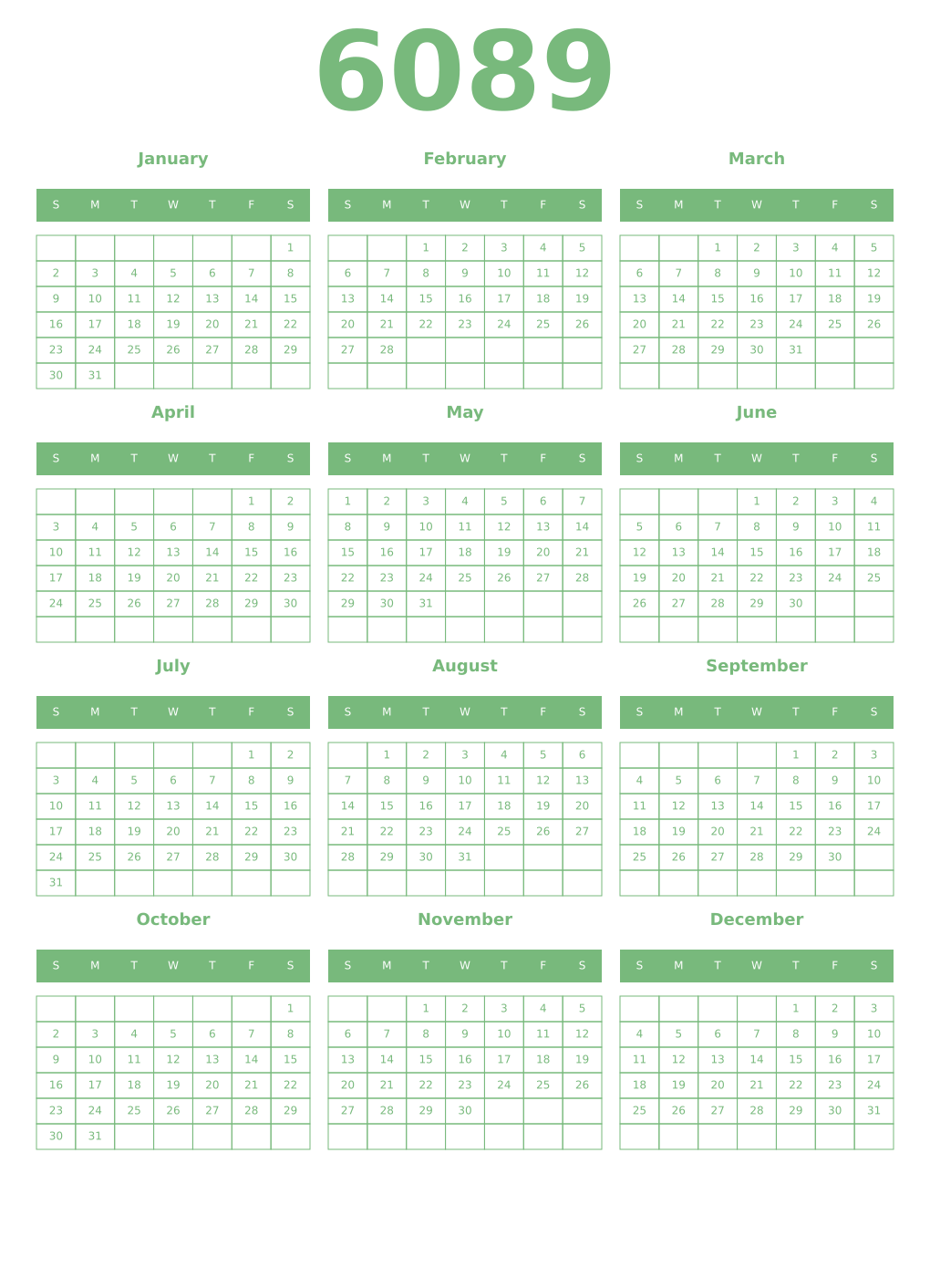 Printable 6089 Year Calendars celadon