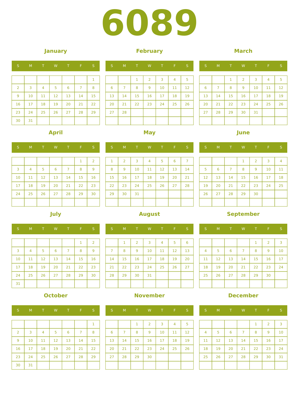 Printable 6089 Year Calendars chartreuse