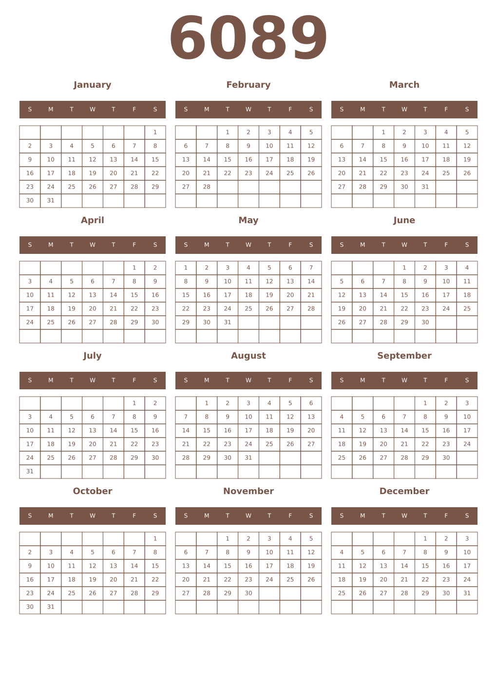 Printable 6089 Year Calendars coffe