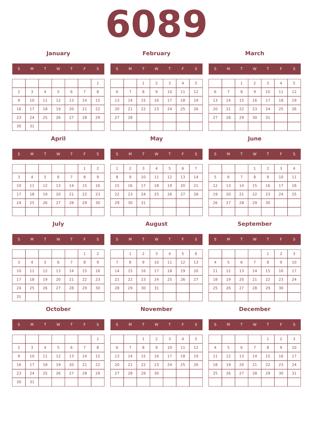 Printable 6089 Year Calendars cordovan