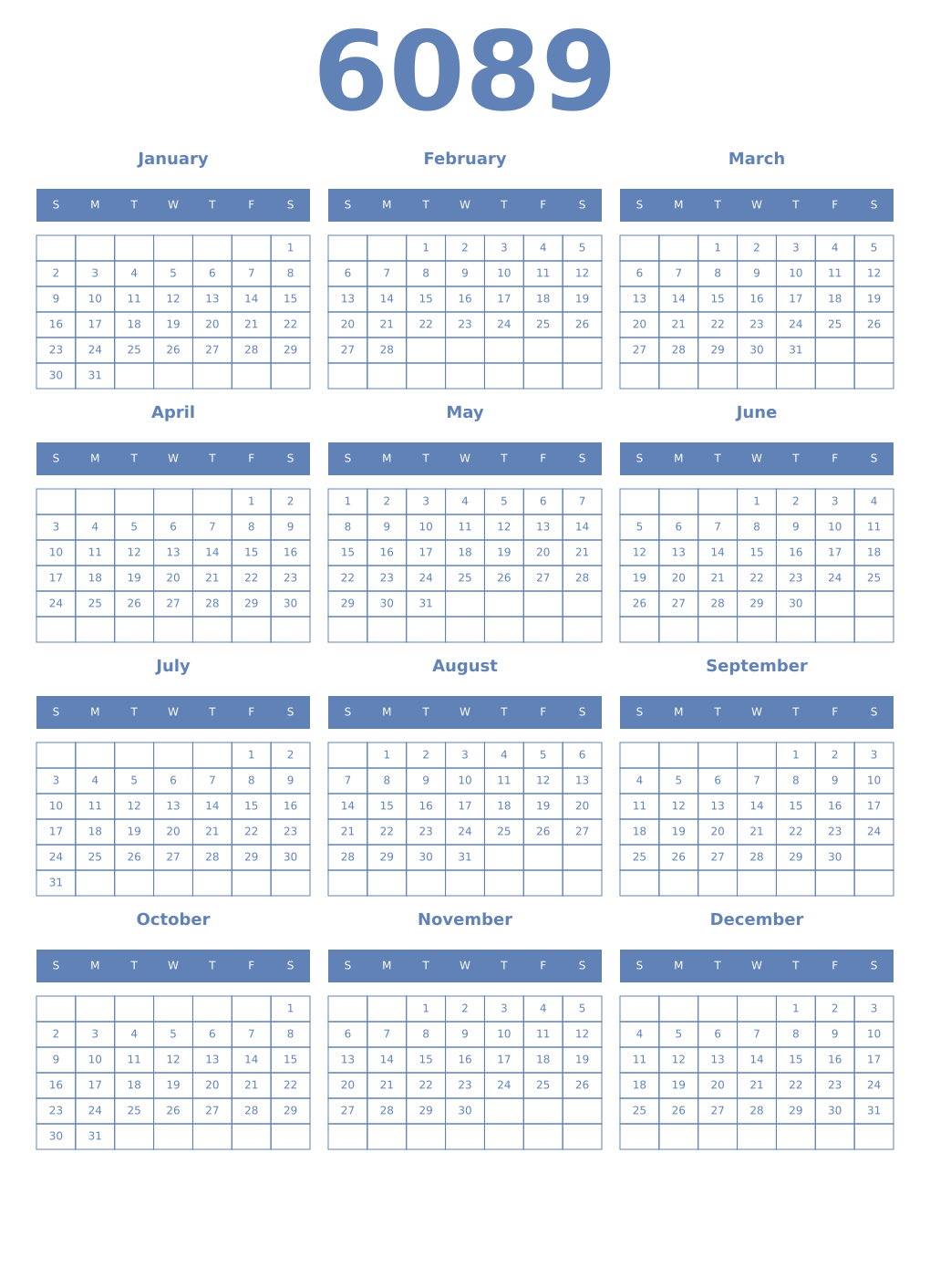 Printable 6089 Year Calendars glaucous