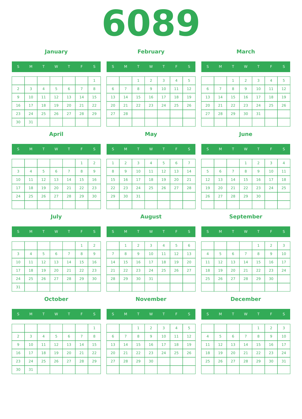 Printable 6089 Year Calendars green