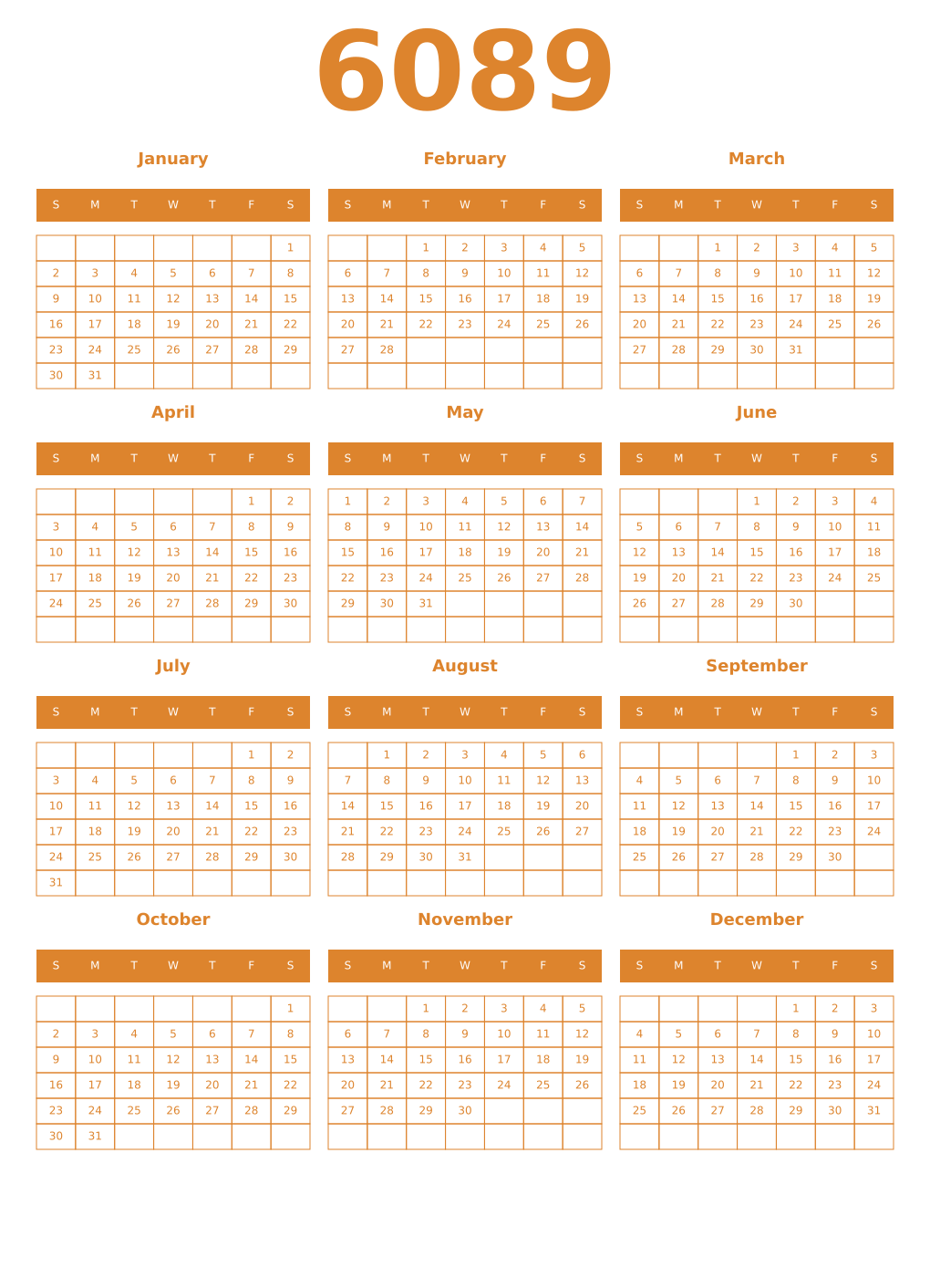 Printable 6089 Year Calendars orange