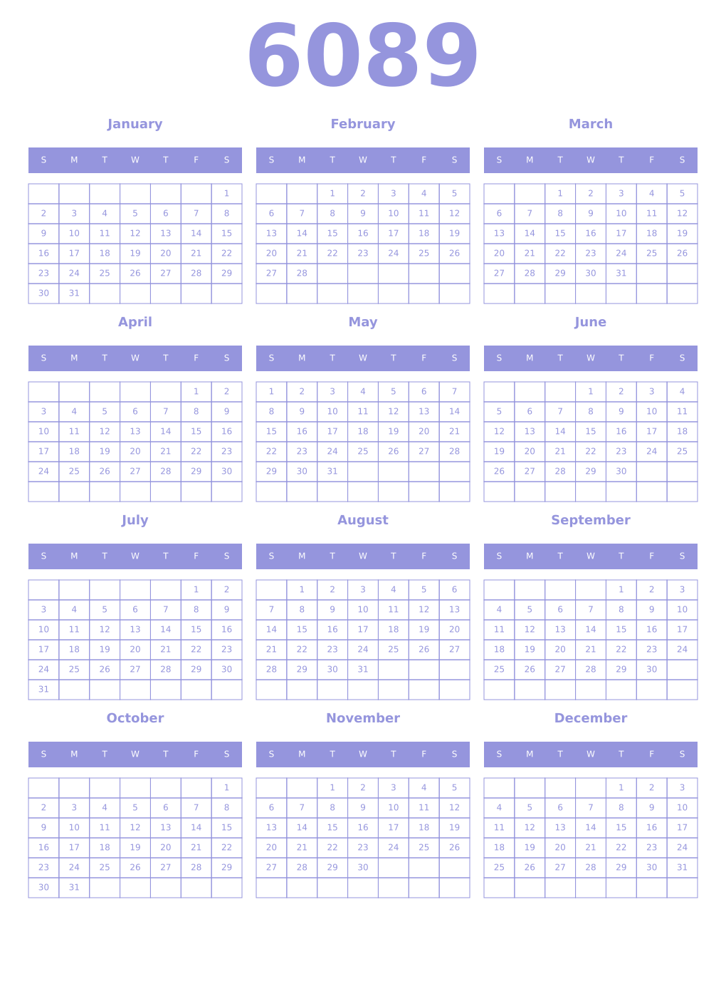 Printable 6089 Year Calendars periwinkle
