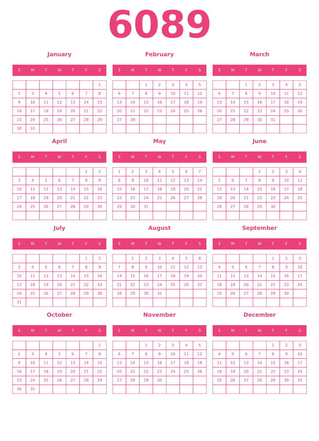 Printable 6089 Year Calendars pink