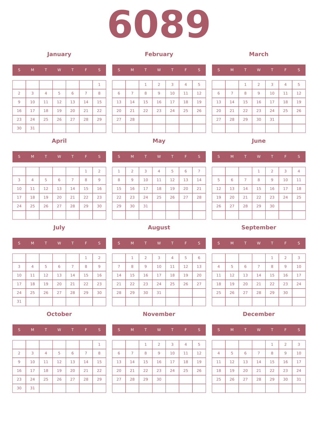 Printable 6089 Year Calendars puce