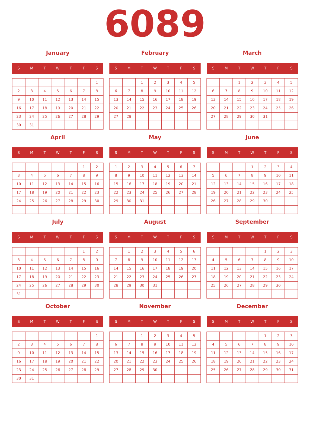 Printable 6089 Year Calendars red