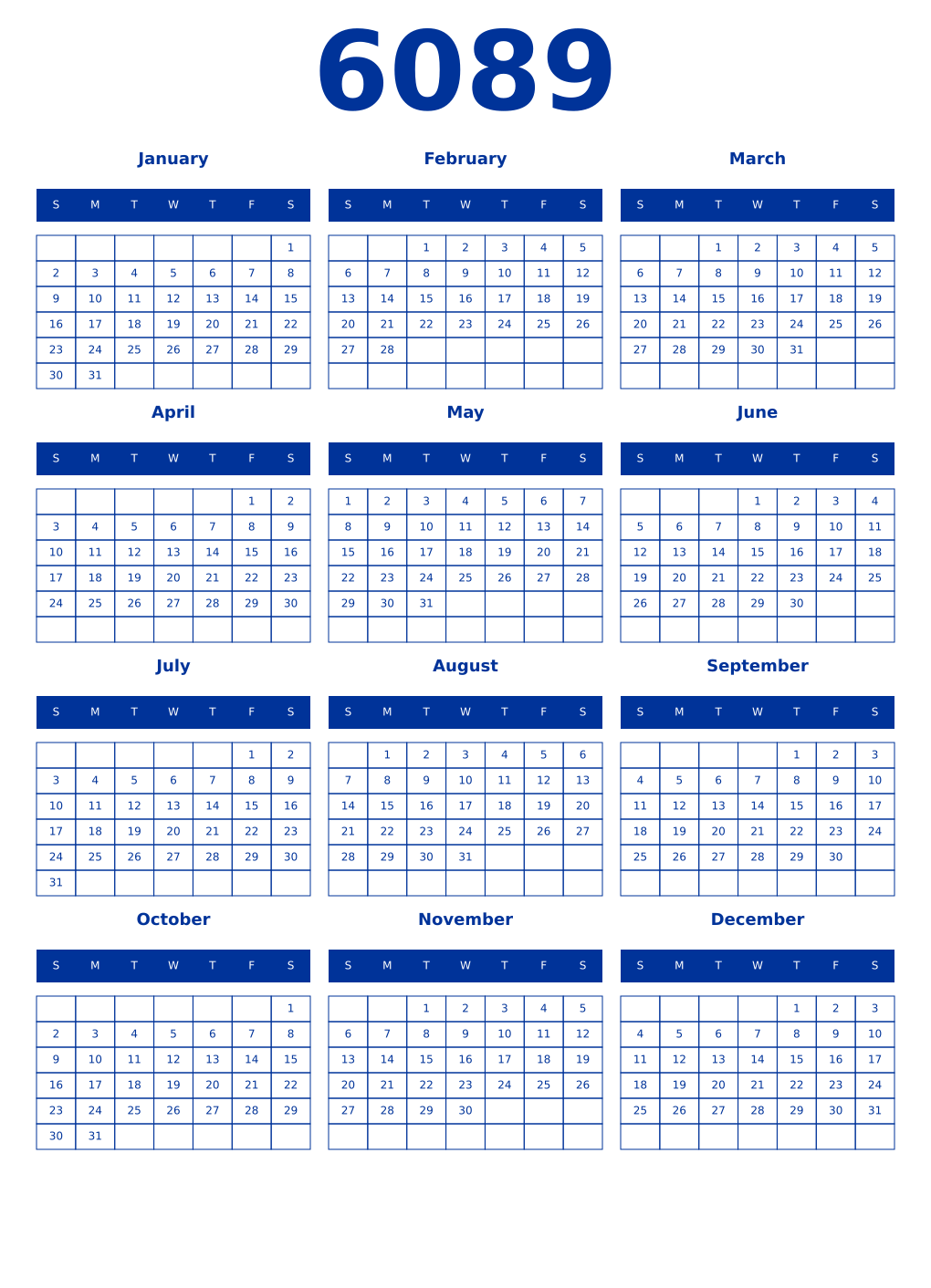 Printable 6089 Year Calendars smalt