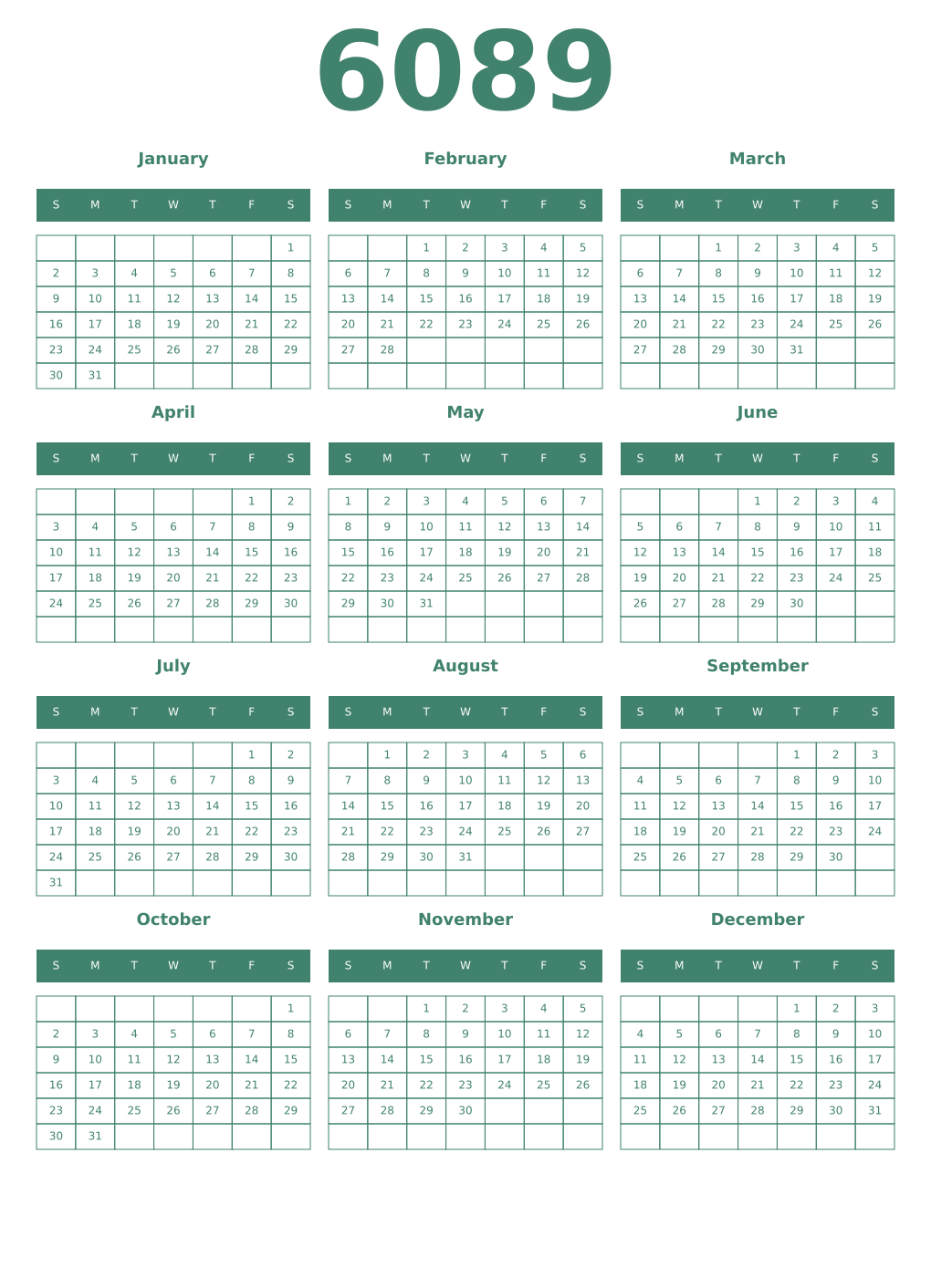 Printable 6089 Year Calendars viridian