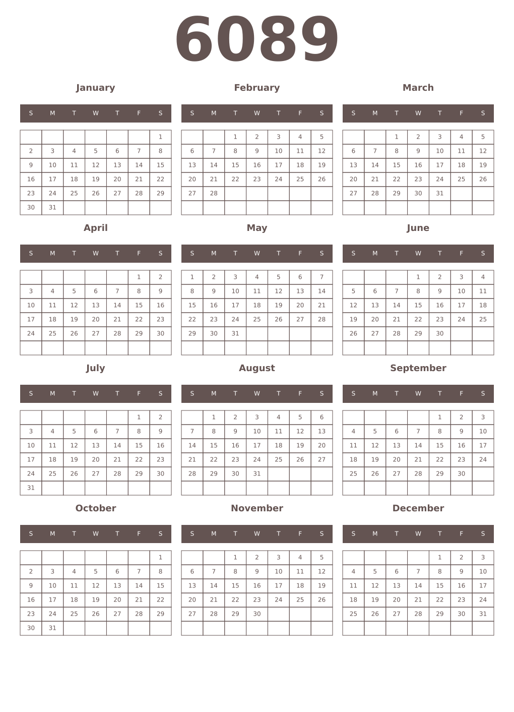 Printable 6089 Year Calendars wenge