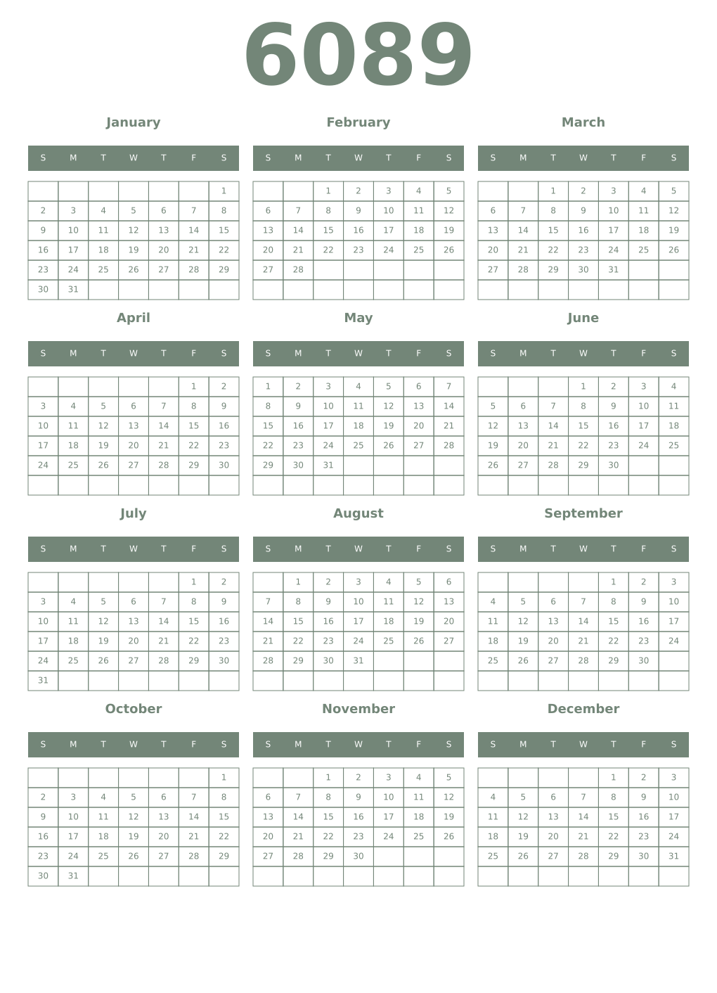 Printable 6089 Year Calendars xanadu