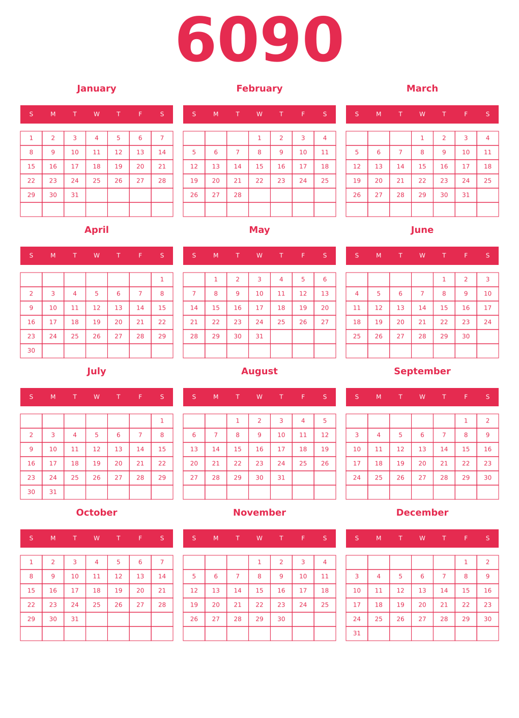 Printable 6090 Year Calendars amaranth
