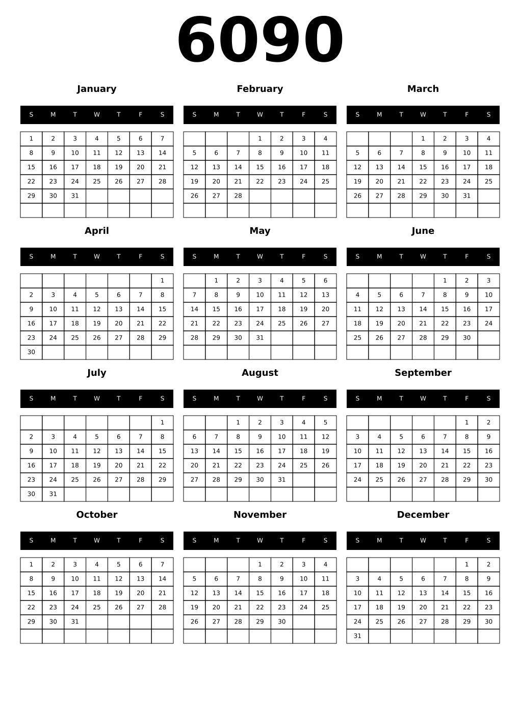 Printable 6090 Year Calendars black
