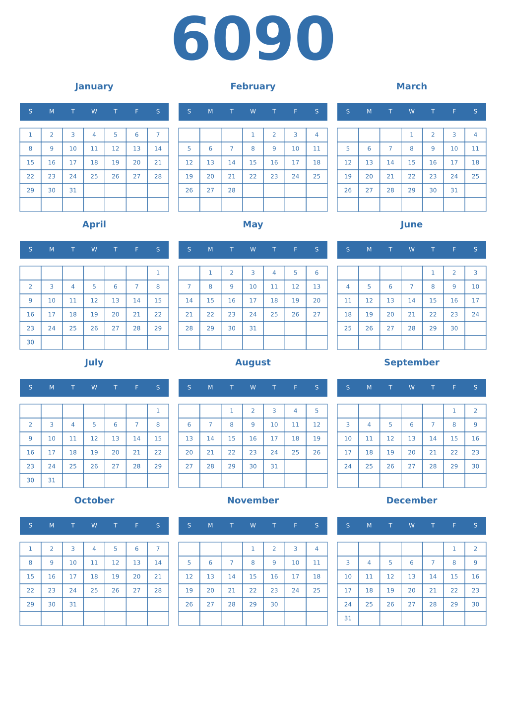 Printable 6090 Year Calendars blue