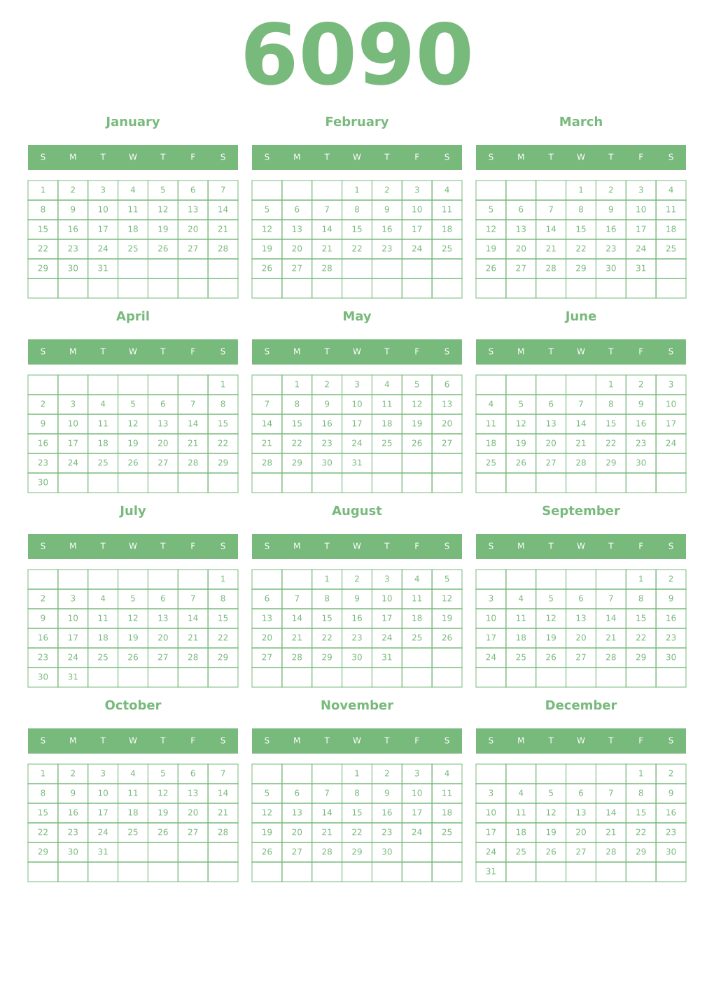 Printable 6090 Year Calendars celadon