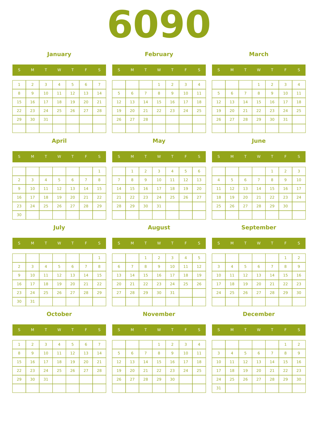Printable 6090 Year Calendars chartreuse