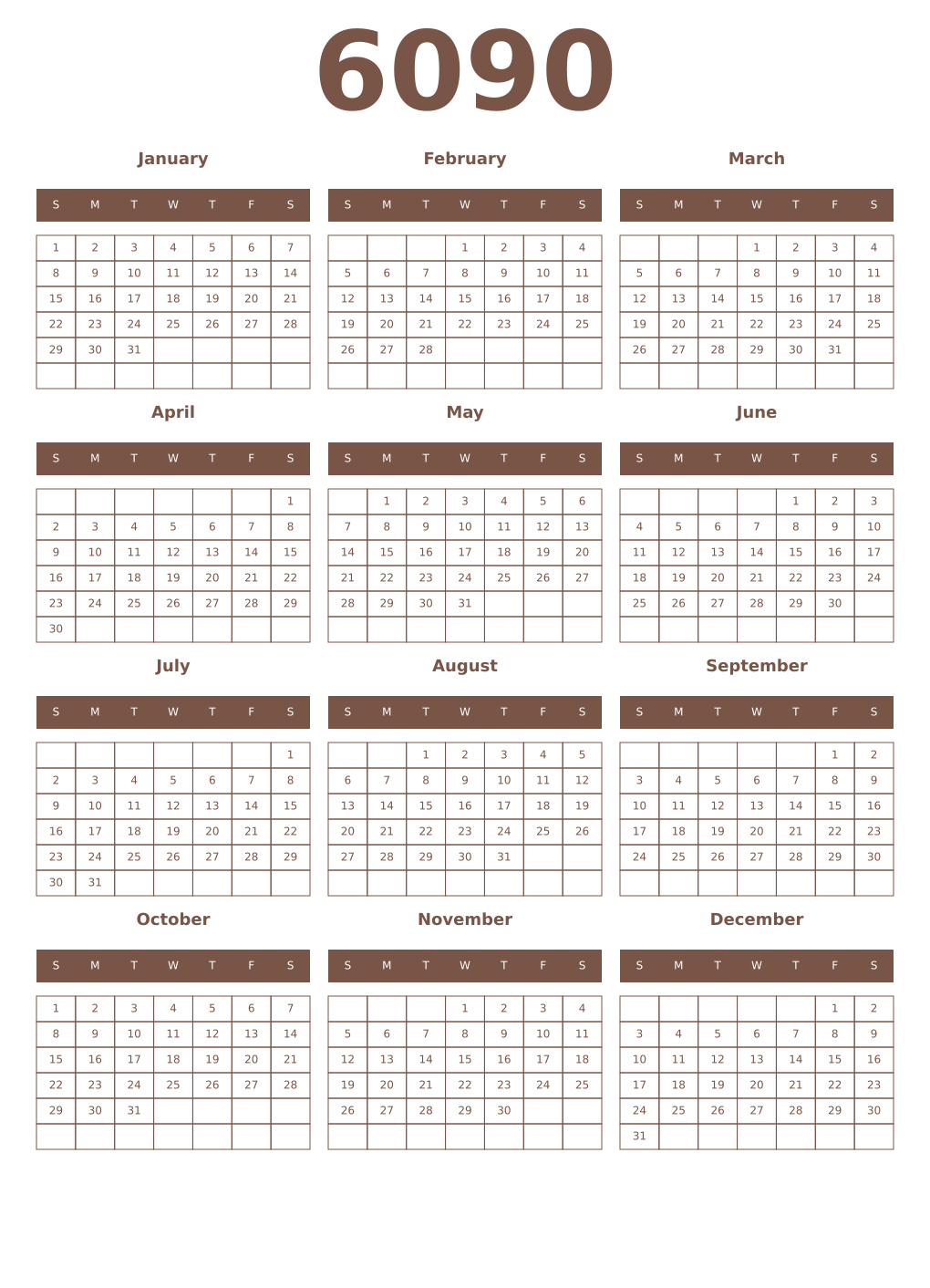 Printable 6090 Year Calendars coffe