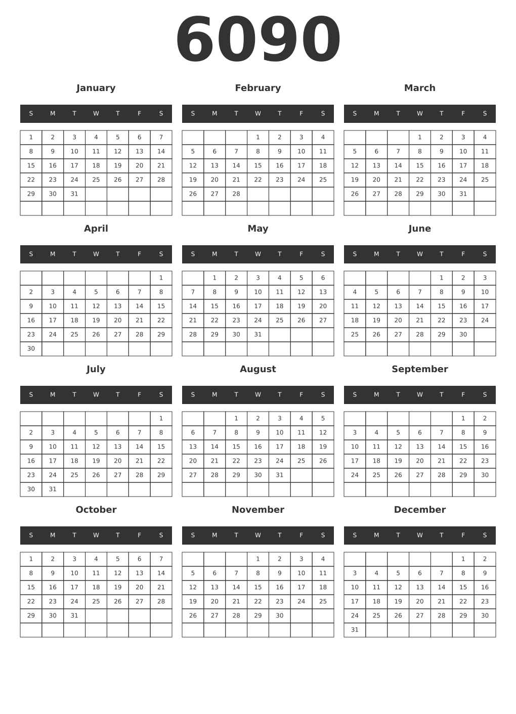Printable 6090 Year Calendars dark