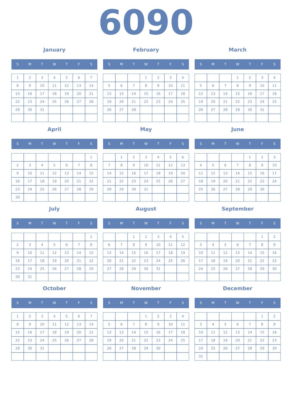 Printable 6090 Year Calendars glaucous