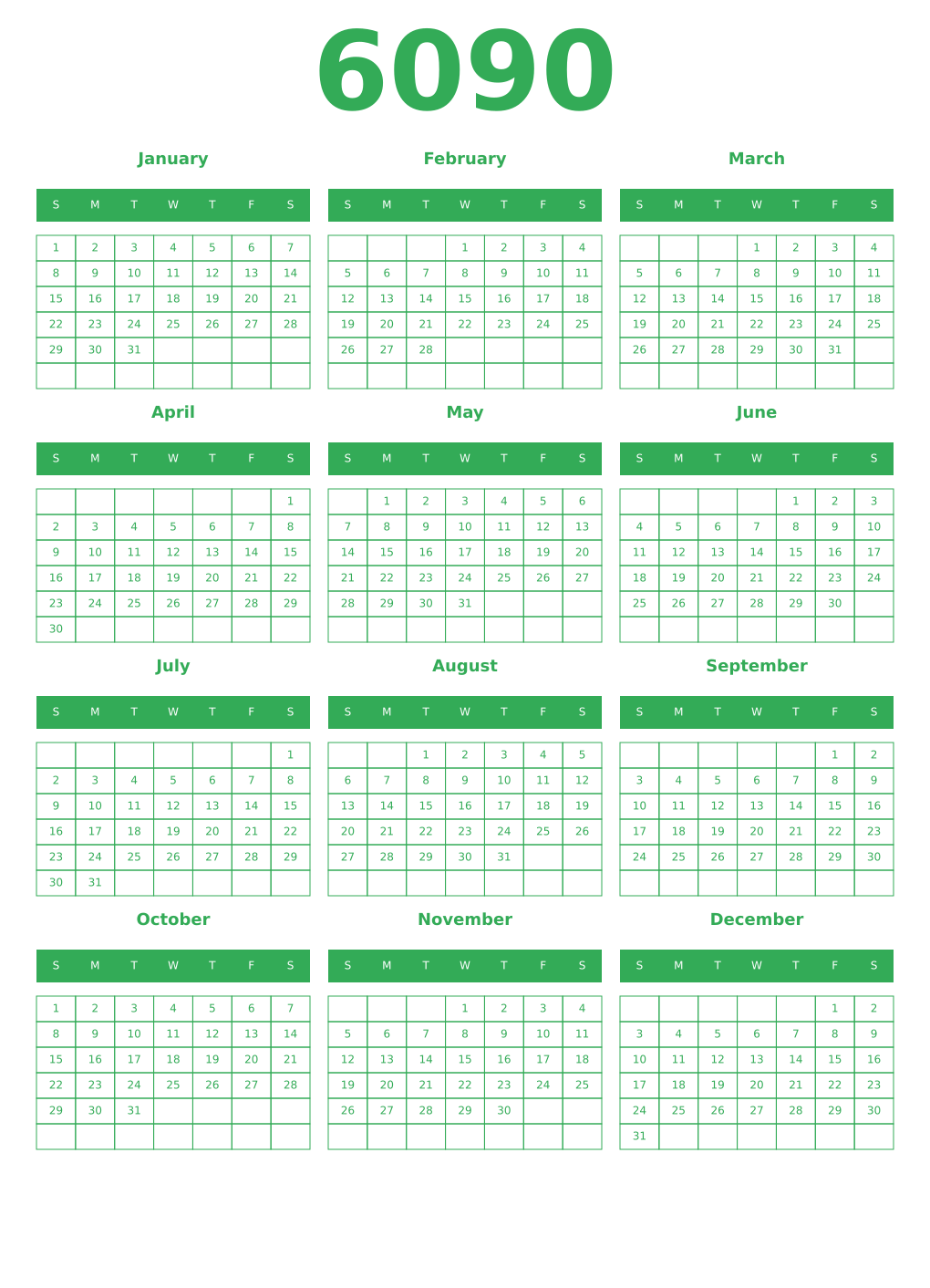 Printable 6090 Year Calendars green