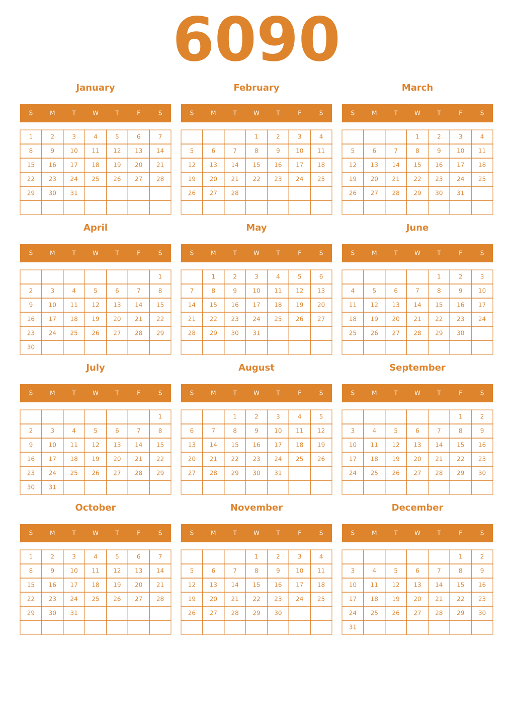 Printable 6090 Year Calendars orange