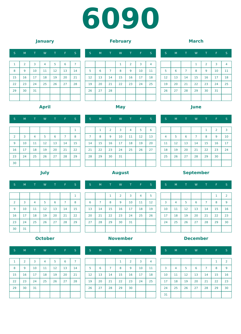 Printable 6090 Year Calendars pastel