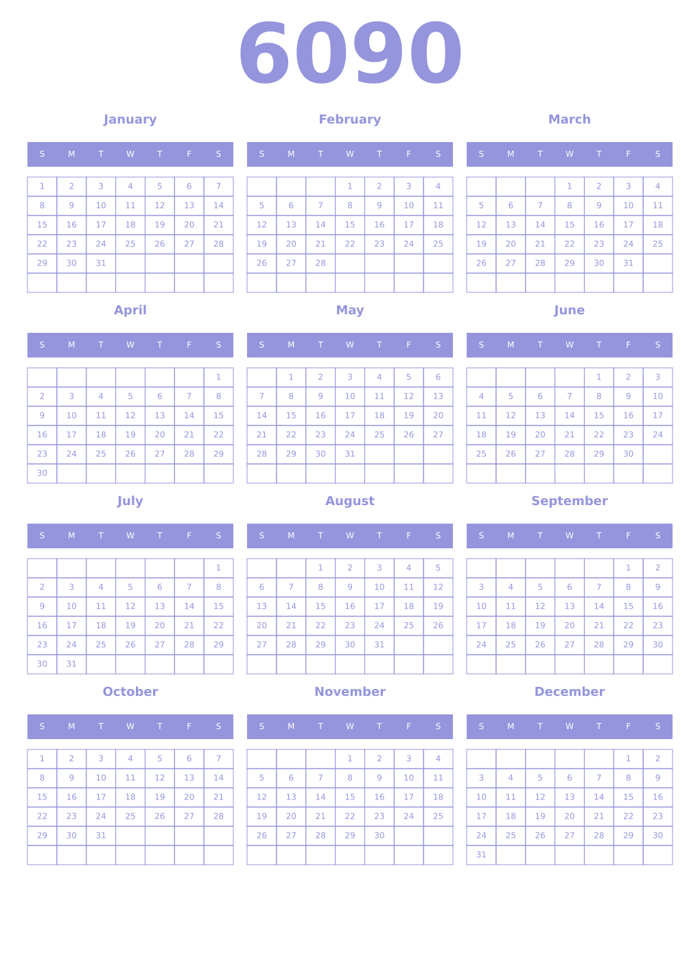 Printable 6090 Year Calendars periwinkle
