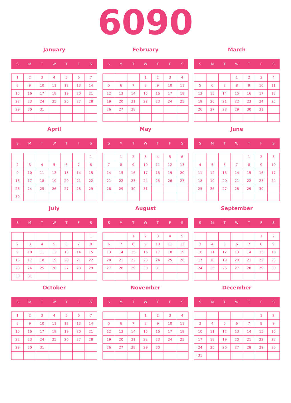 Printable 6090 Year Calendars pink