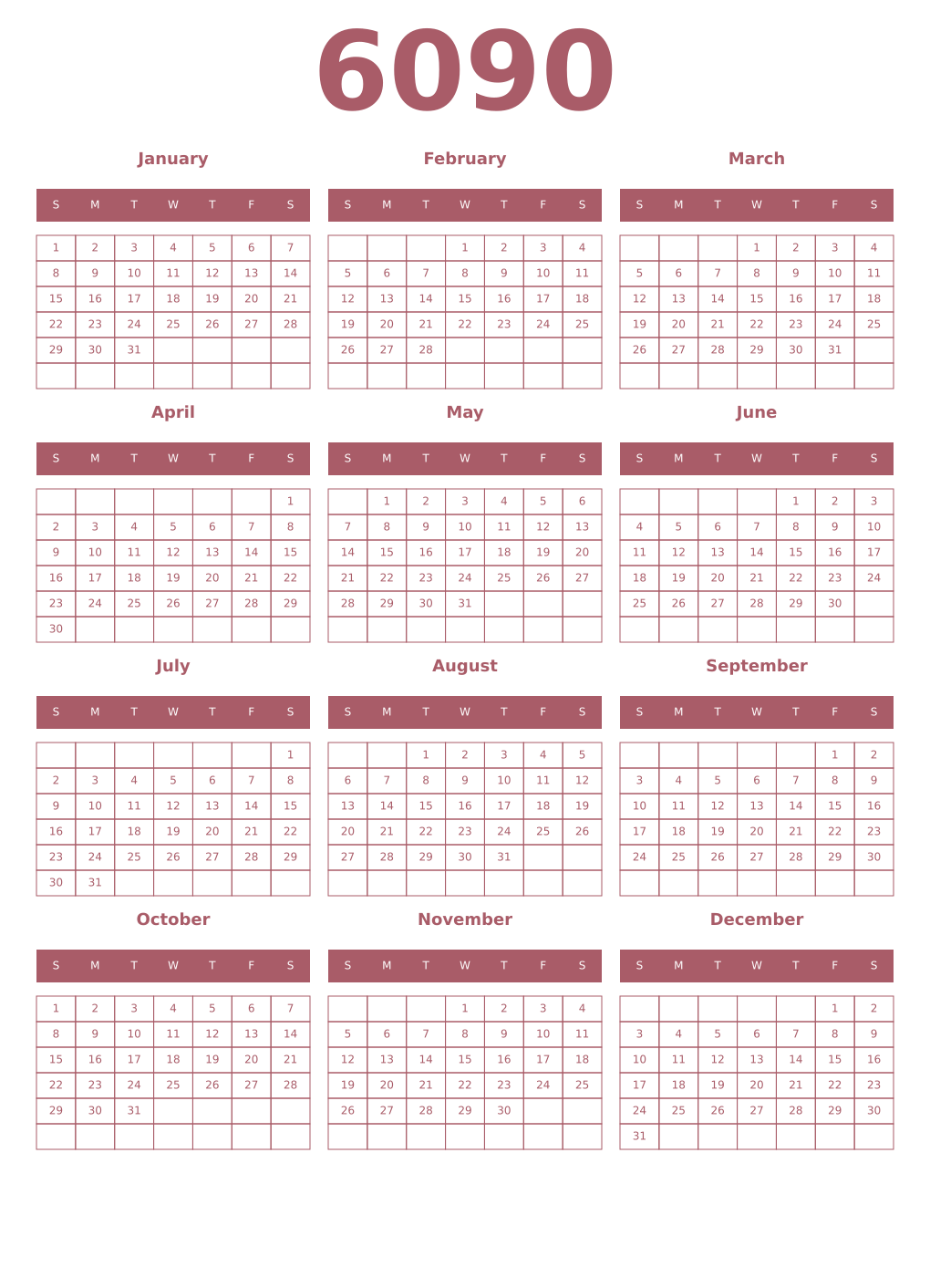 Printable 6090 Year Calendars puce